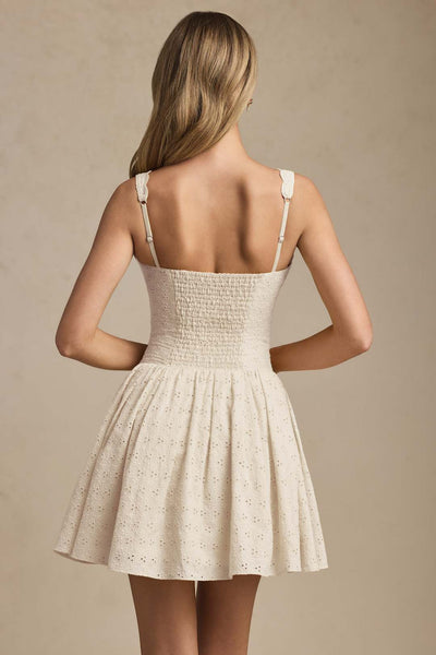Sabina Broderie Anglaise Bow-Detail A-Line Mini Dress in Ivory