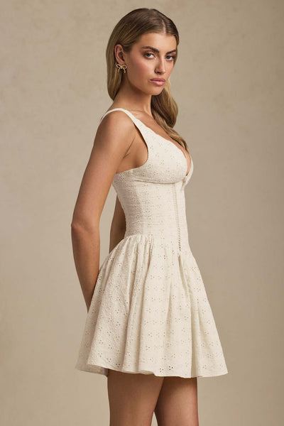 Sabina Broderie Anglaise Bow-Detail A-Line Mini Dress in Ivory