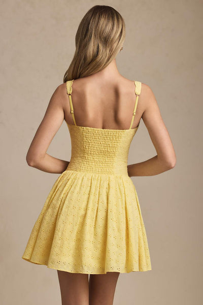 Sabina Broderie Anglaise Bow-Detail A-Line Mini Dress in Pastel Yellow