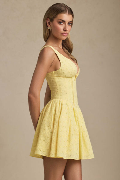Sabina Broderie Anglaise Bow-Detail A-Line Mini Dress in Pastel Yellow