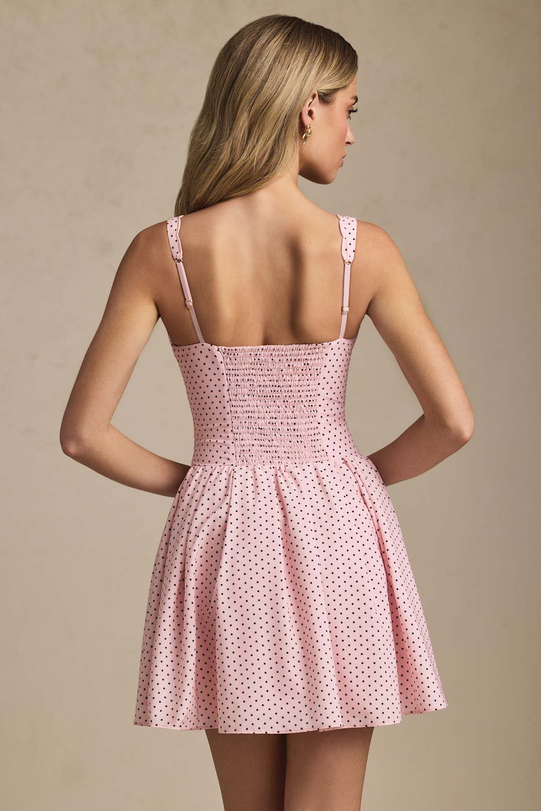 Sabina Bow-Detail A-Line Mini Dress in Pink Polka Dot