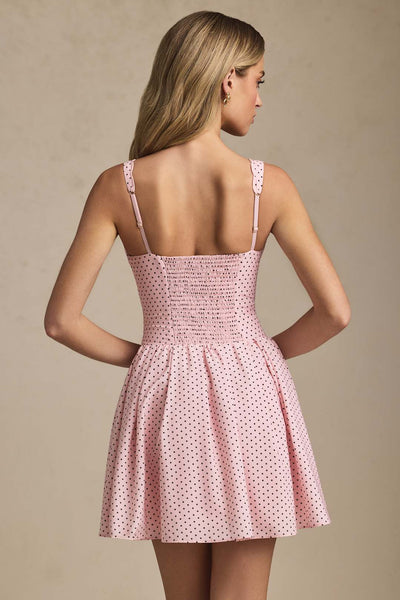 Sabina Bow-Detail A-Line Mini Dress in Pink Polka Dot