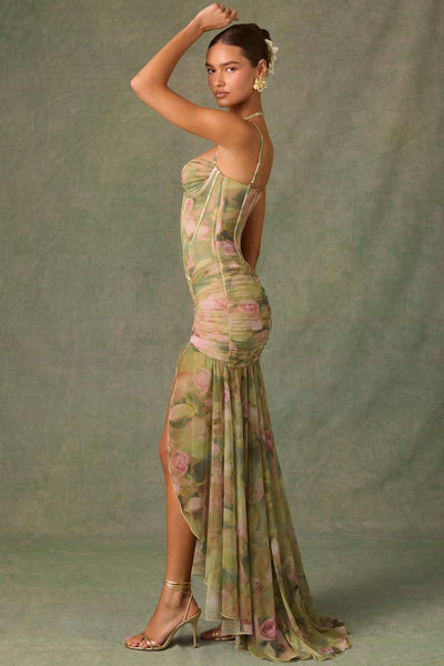 Haruna Ruched Asymmetric Corset Gown in Floral Multi Print