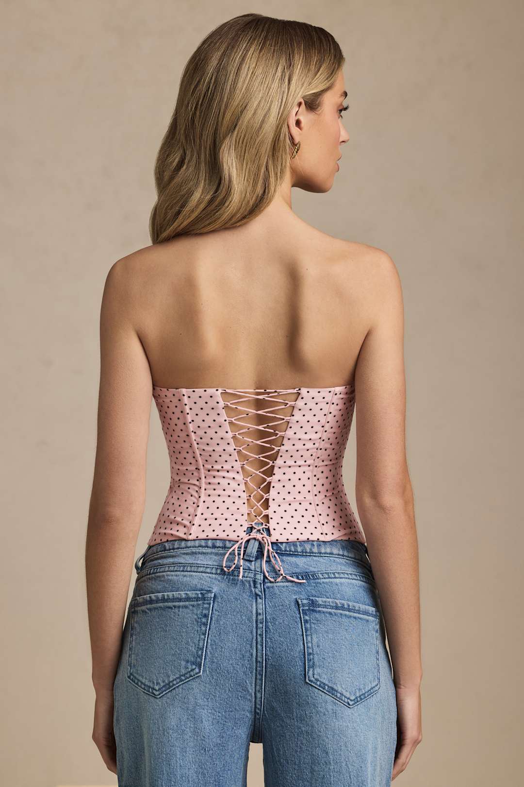 Natya Lace-Up Strapless Corset Top in Pink Polka Dot
