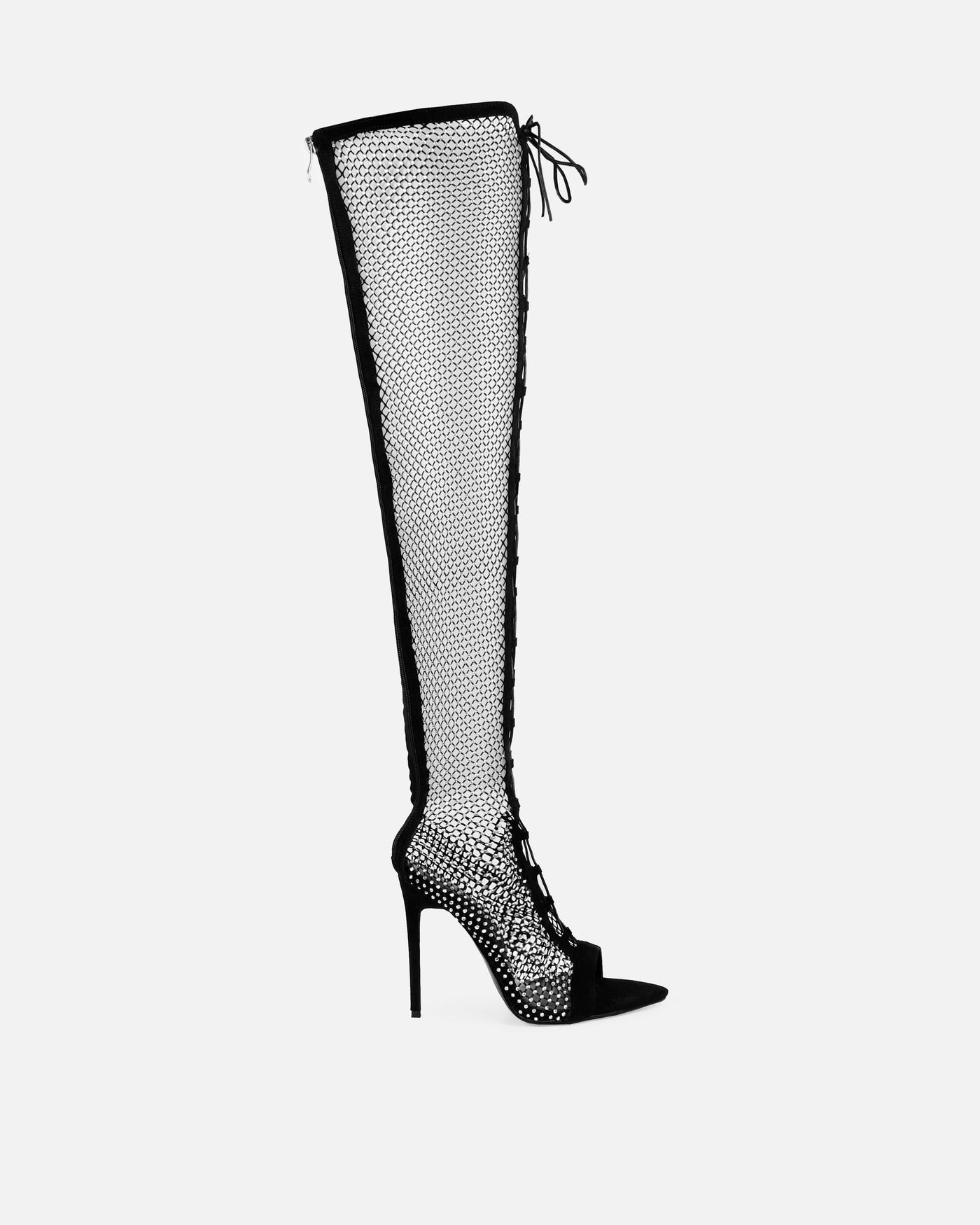 Talitha Black Diamante Mesh Lace Up Thigh High Heels